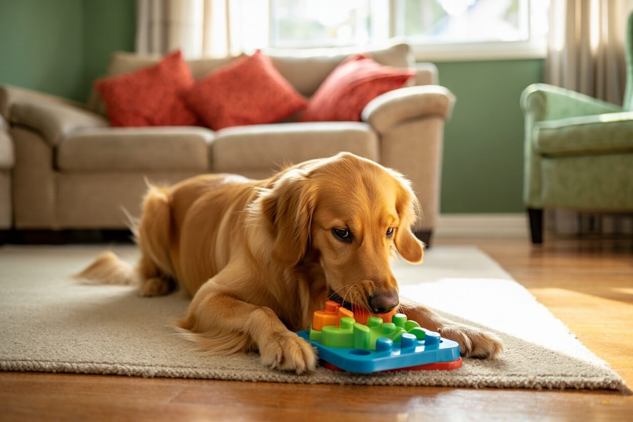 Dog playing with interactive toys